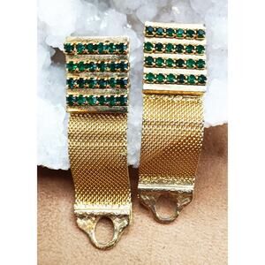 Vintage Gold Tone Emerald Green Rhinestone Mesh Wrap Toggle Cufflinks